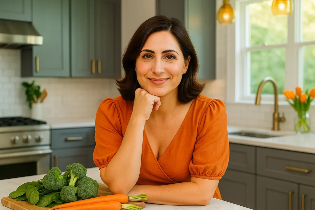 Lorena Kensley preparing healthy meal prep with fresh broccoli, spinach, and carrots in a modern kitchen.