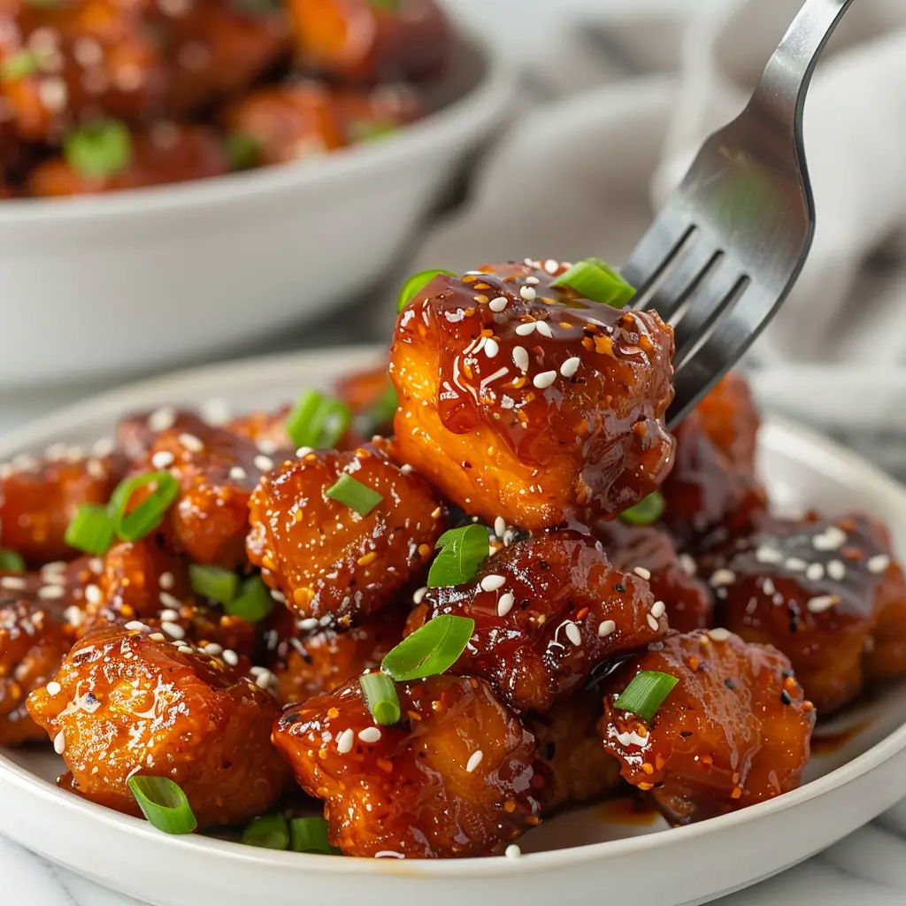 A detailed close-up photo of seitan pieces, emphasizing the crispy outside and tender inside of this plant-based recipe.