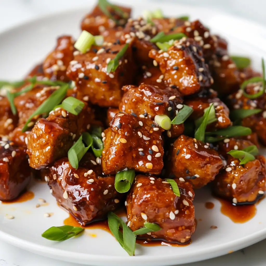 A realistic close-up of seitan served on a plate, highlighting its chewy texture and versatility as a plant-based protein.