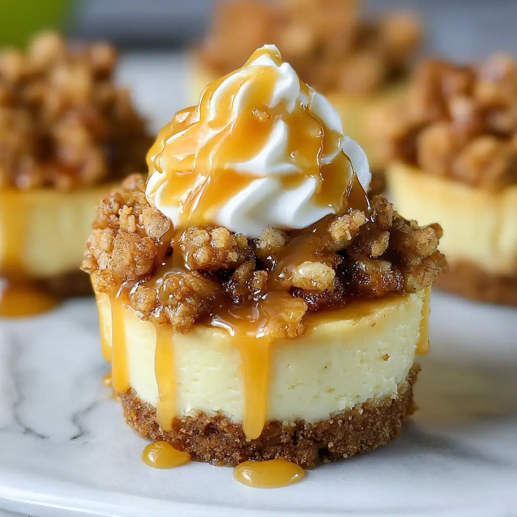 Delicious Apple Crisp Mini Cheesecakes with apple topping and crust