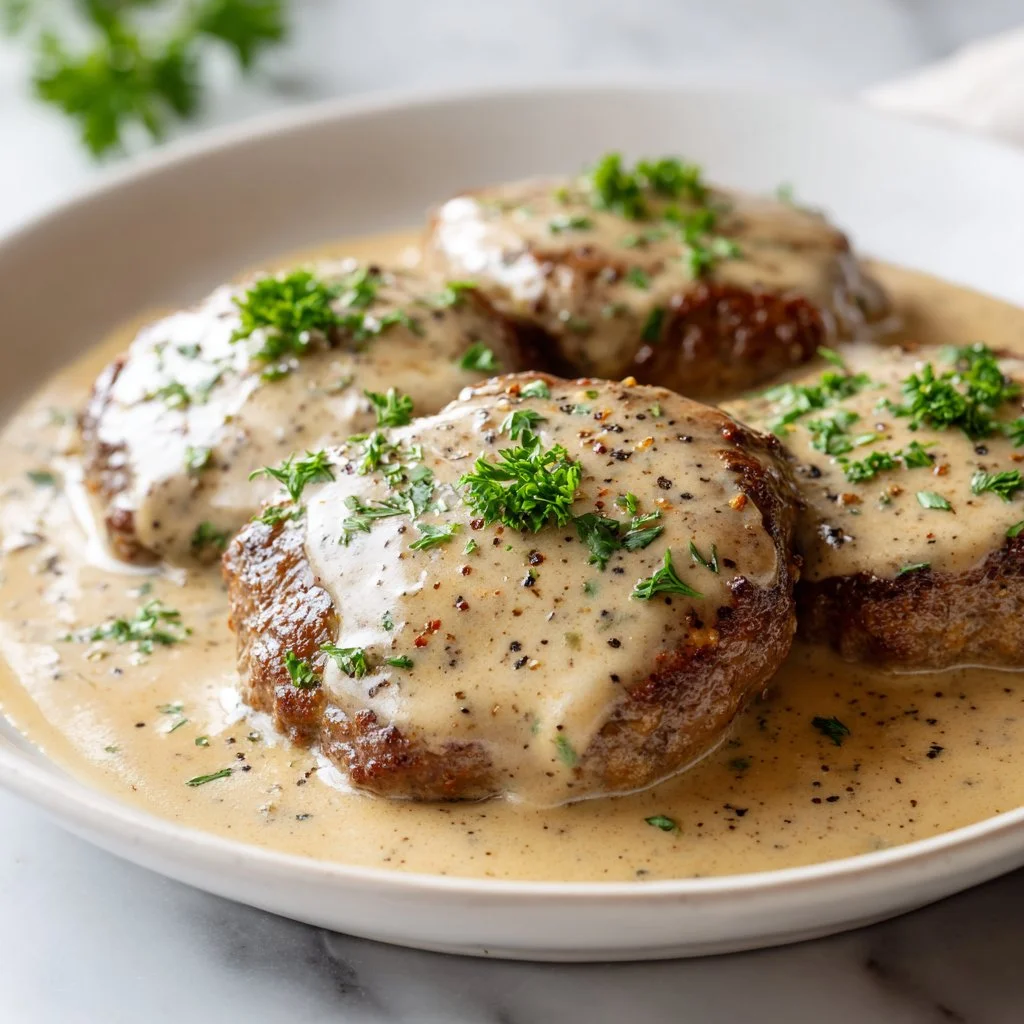 Amish hamburger steak bake served with rich gravy and sides.