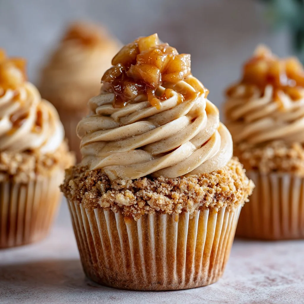 Delicious apple crumble cupcakes topped with crumbly streusel and fresh apple slices.
