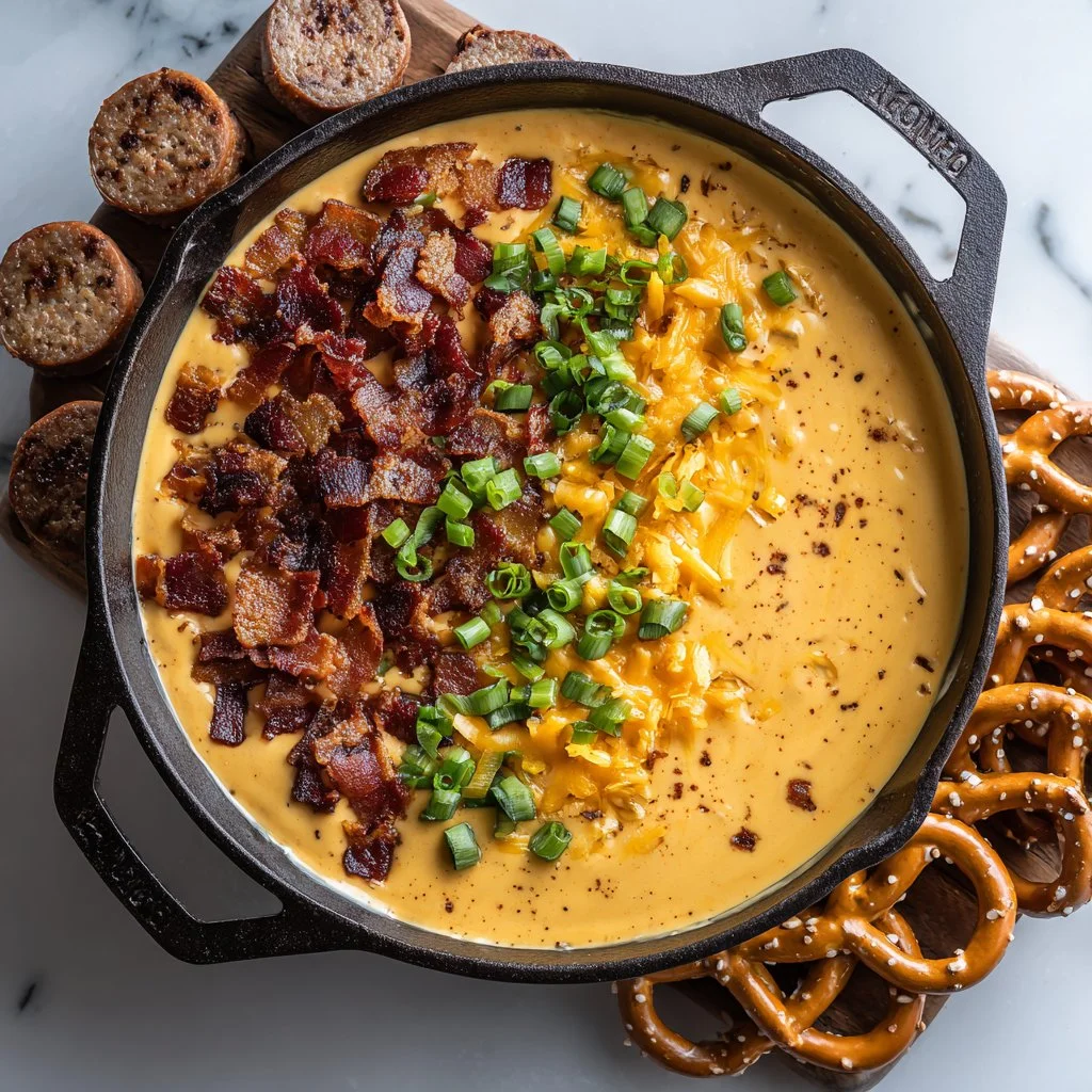 Creamy beer cheese dip with bacon served in a bowl