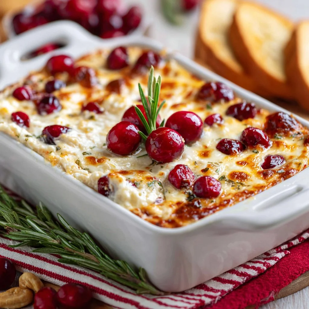 Delicious baked cranberry cream cheese dip served in a dish