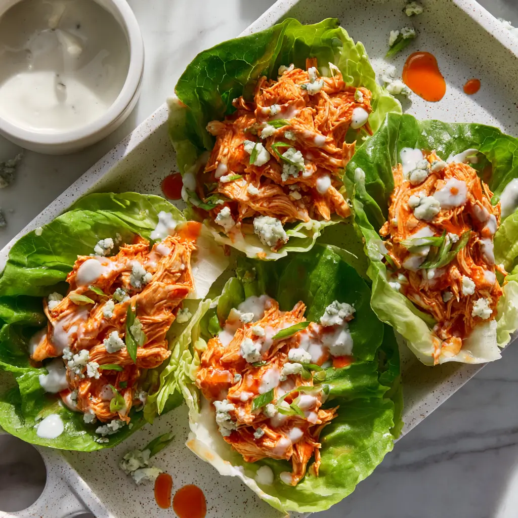 buffalo chicken salad lettuce wraps topped with blue cheese and hot sauce