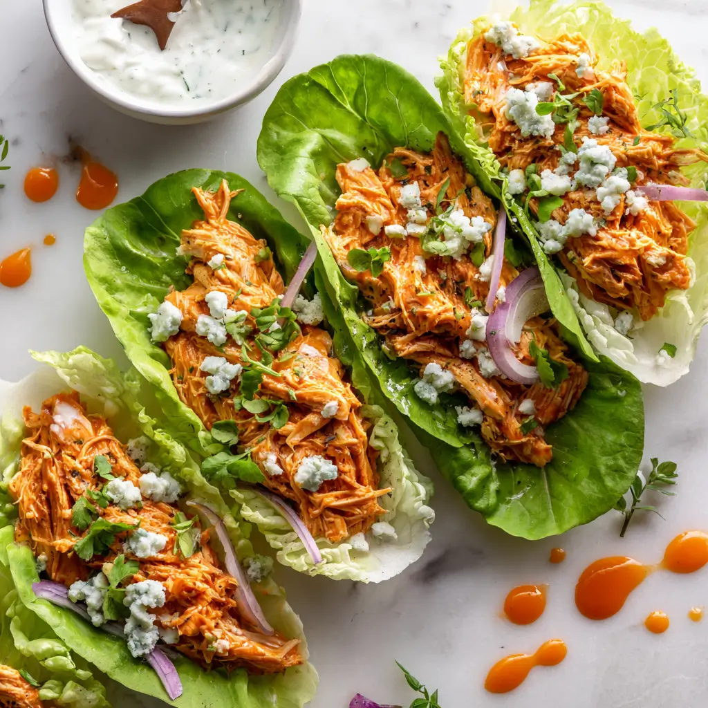 buffalo chicken salad served in a white bowl with creamy dressing and fresh celery