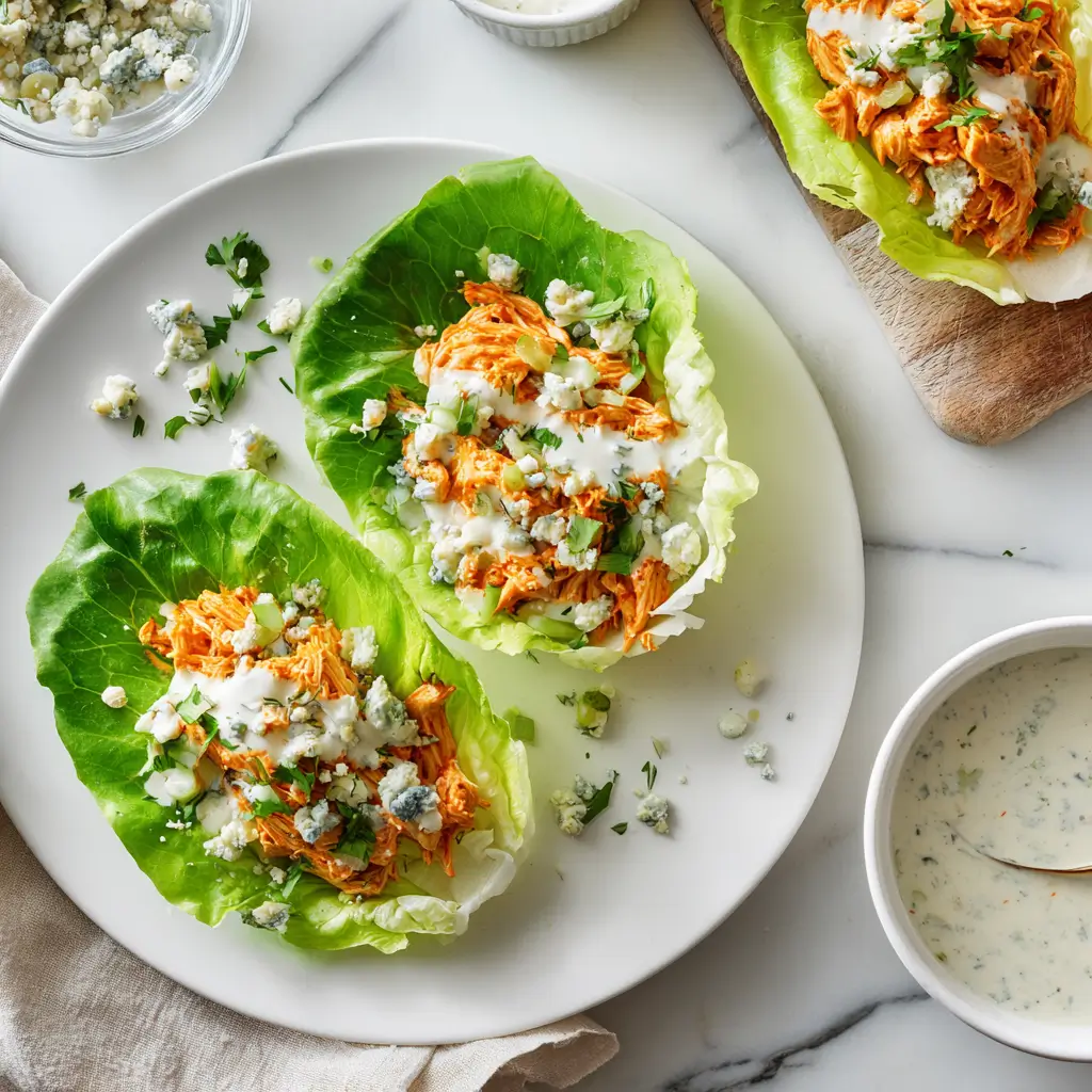buffalo chicken salad with hot sauce and celery in a bowl