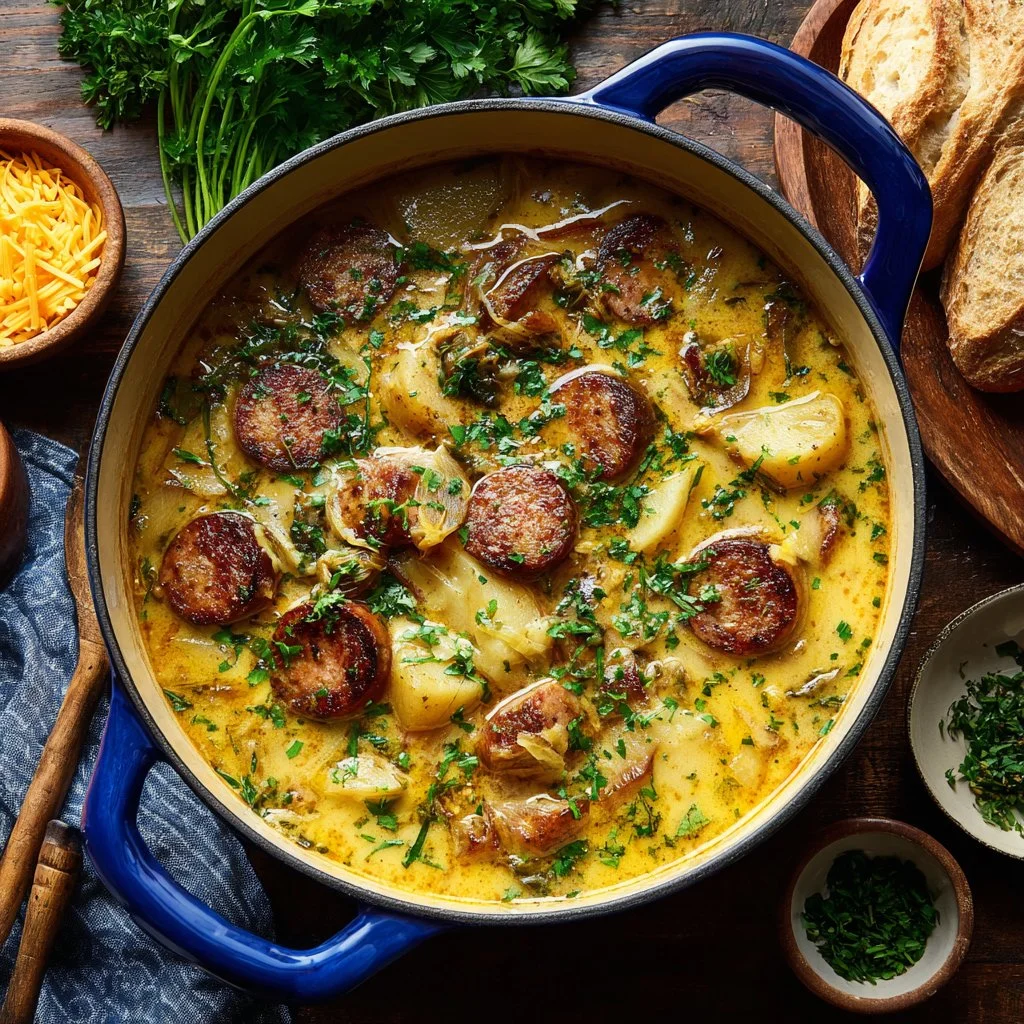 Bowl of delicious Cajun Potato Soup garnished with herbs.