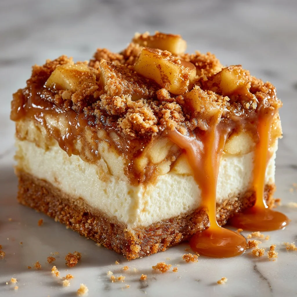 Delicious caramel apple cheesecake bars with a creamy filling and caramel drizzle