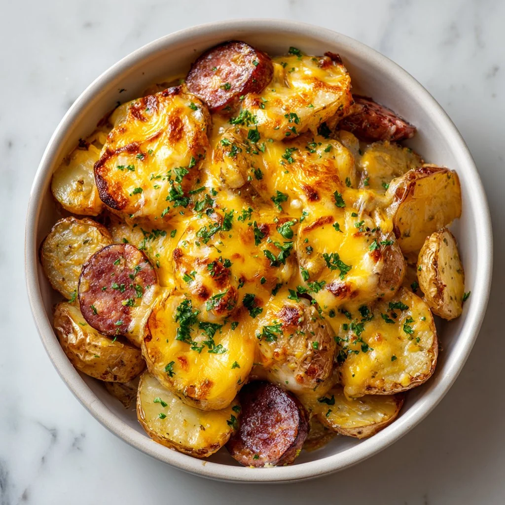 Cheesy ranch potatoes with smoked sausage in a rustic dish