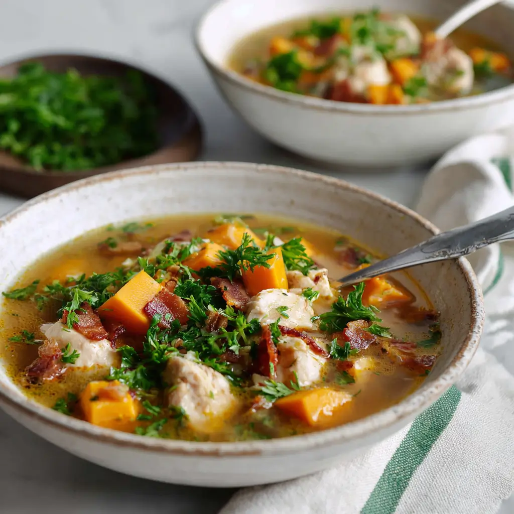 Chicken and Sweet Potato Stew with bacon, carrots, and herbs — a cozy, healthy one-pot family dinner.