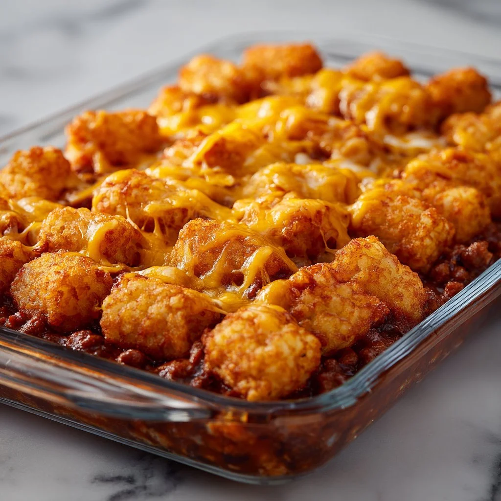 Delicious Chili Cheese Tater Tot Casserole in a baking dish, topped with melted cheese.