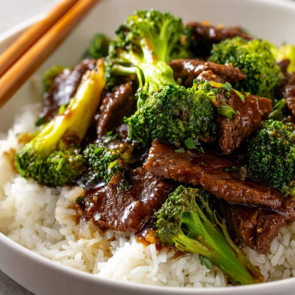 Delicious Chinese beef and broccoli stir-fry served in a bowl.