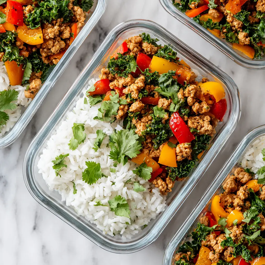 Chipotle Ground Turkey Skillet Meal Prep served hot with colorful peppers, kale, and rice in a cast-iron pan