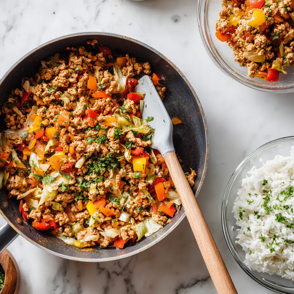 Browning ground turkey with vegetables for Chipotle Ground Turkey Skillet Meal Prep