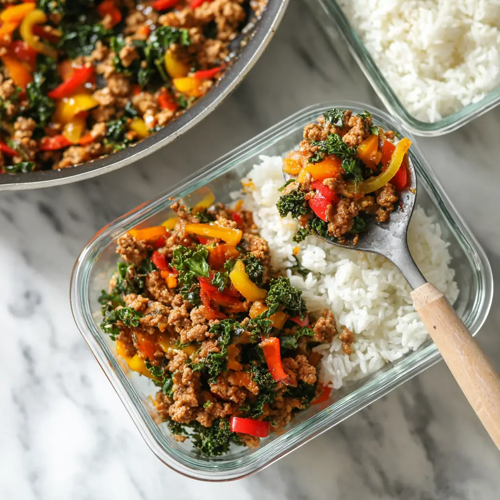 Meal prep containers filled with Chipotle Ground Turkey Skillet Meal Prep