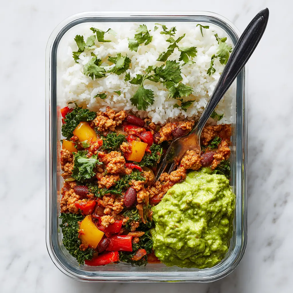 Plated Chipotle Ground Turkey Skillet Meal Prep served with rice, avocado, and lime garnish