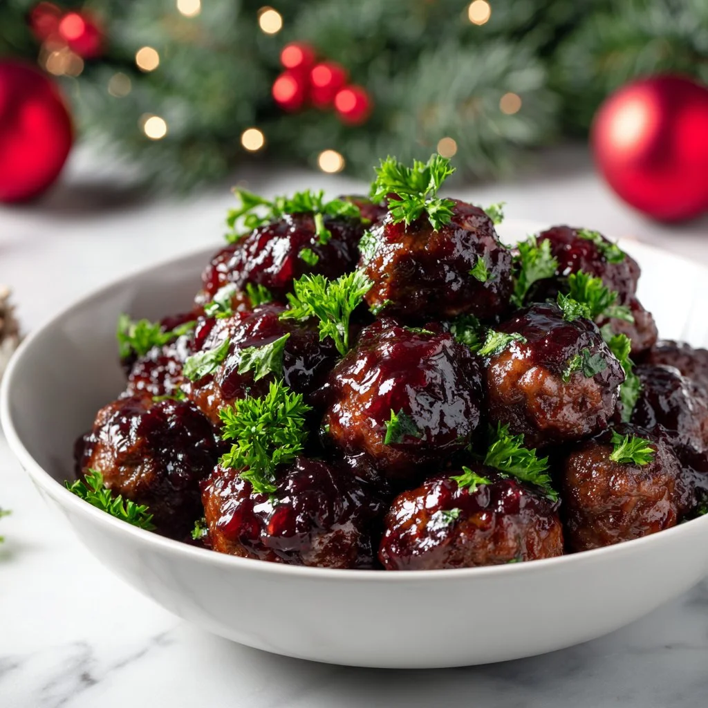 Delicious Christmas Cranberry Meatballs served on a festive platter.