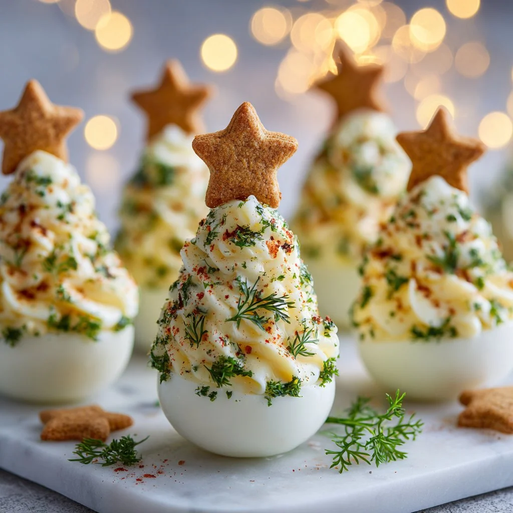 Christmas Tree shaped deviled eggs decorated for festive celebrations