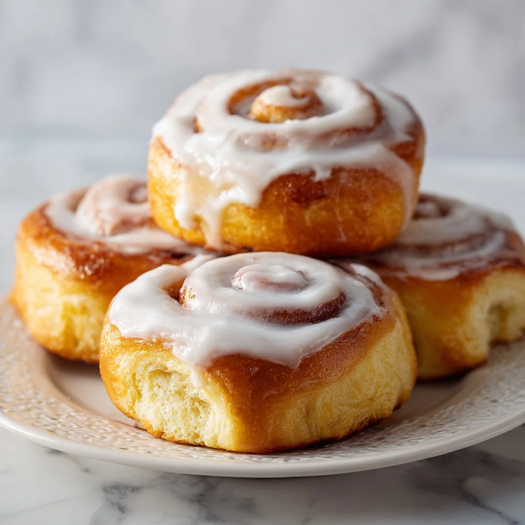 Homemade cinnamon roll cookies topped with icing on a rustic wooden background.