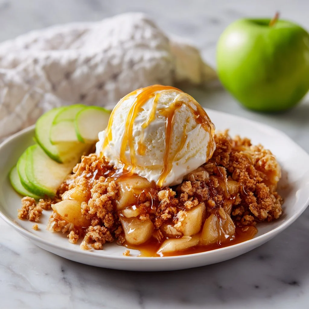 Delicious classic apple crumble dessert served in a bowl with a scoop of ice cream