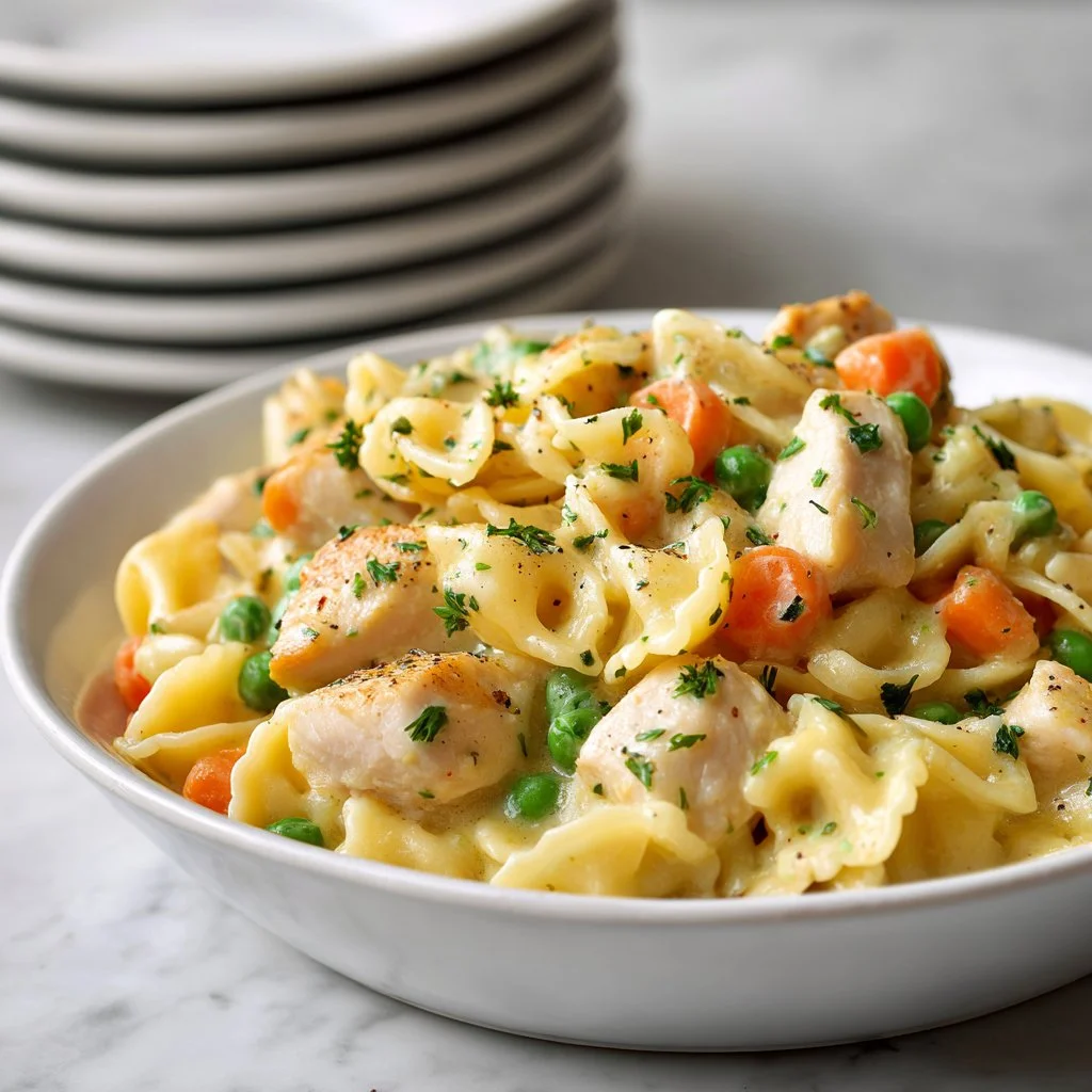Classic Chicken Pot Pie Pasta in a creamy sauce with vegetables