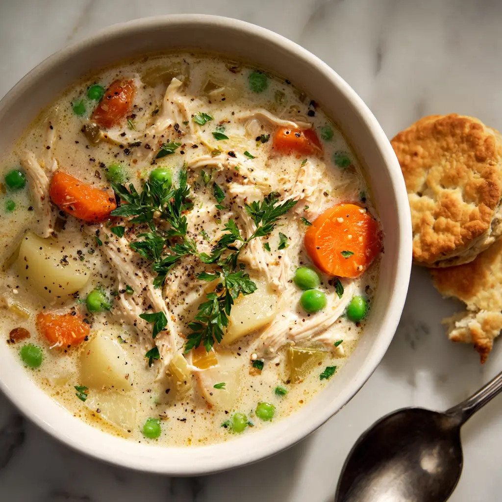 Classic Chicken Pot Pie Soup – creamy comfort food with cheddar crust dippers