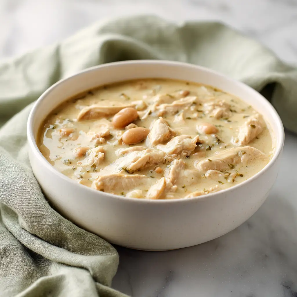 A bowl of Classic Creamy white chicken chili topped with shredded cheese and cilantro, served with tortilla chips.