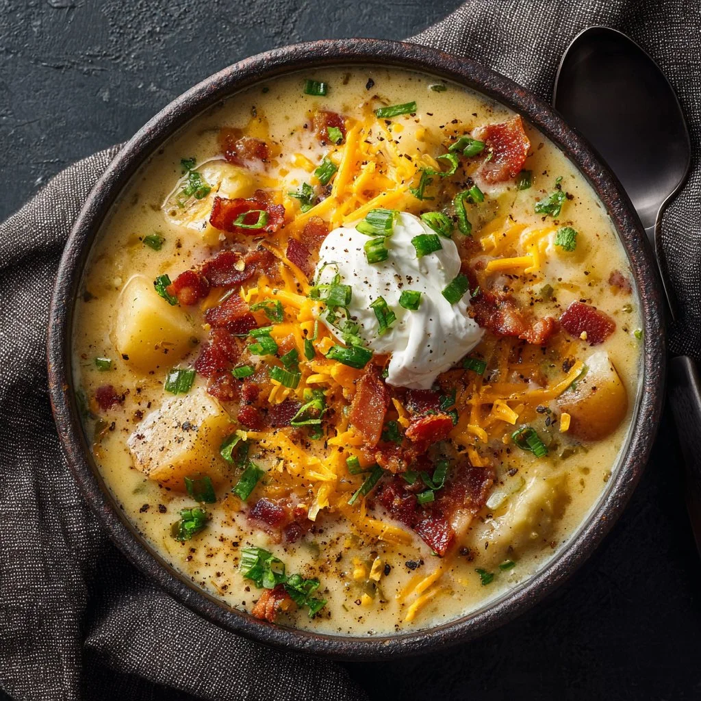 Bowl of comforting loaded baked potato soup topped with cheese and chives