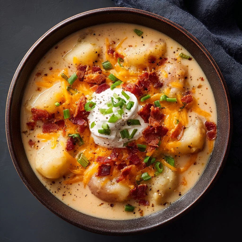 Delicious and creamy loaded baked potato soup garnished with cheese and chives.