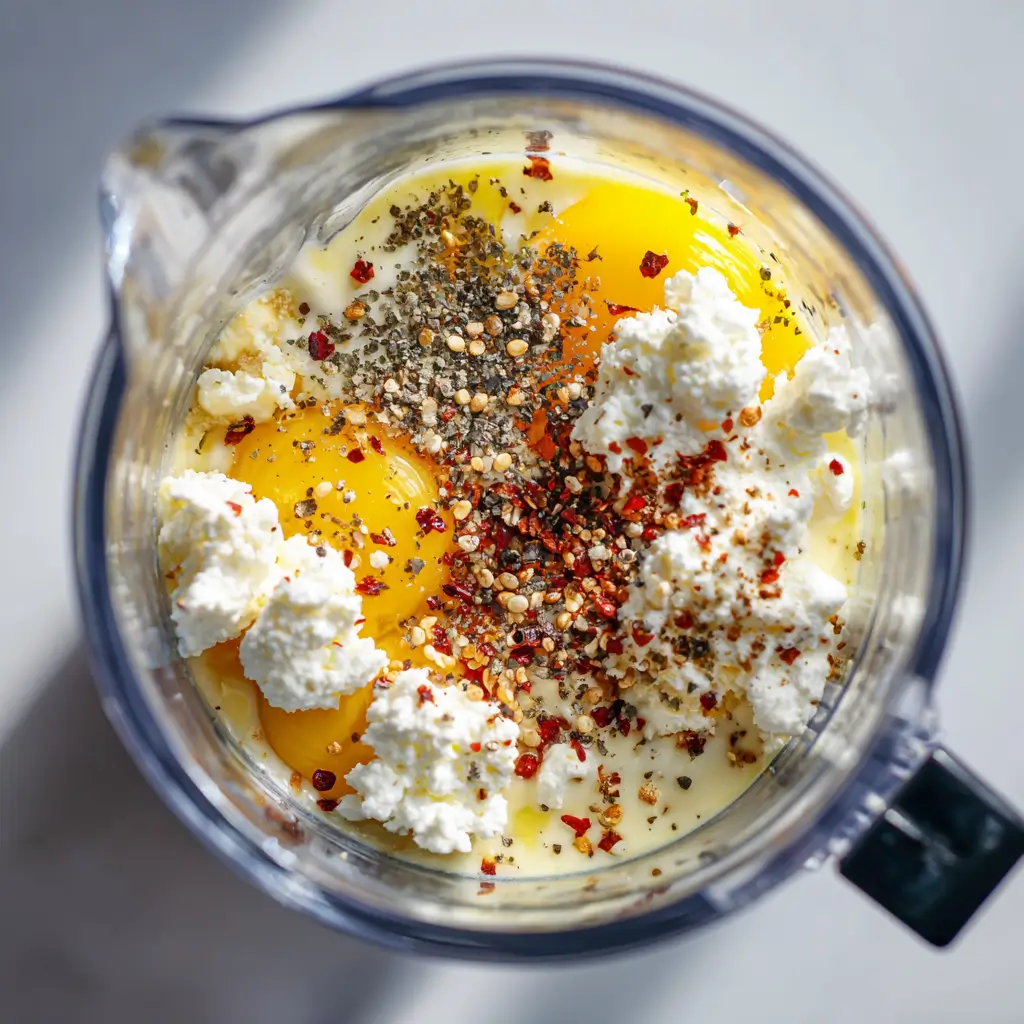 Pouring blended egg and cottage cheese mixture into muffin tray