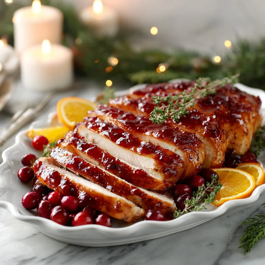 Cranberry Orange Glazed Turkey Breast served with garnish