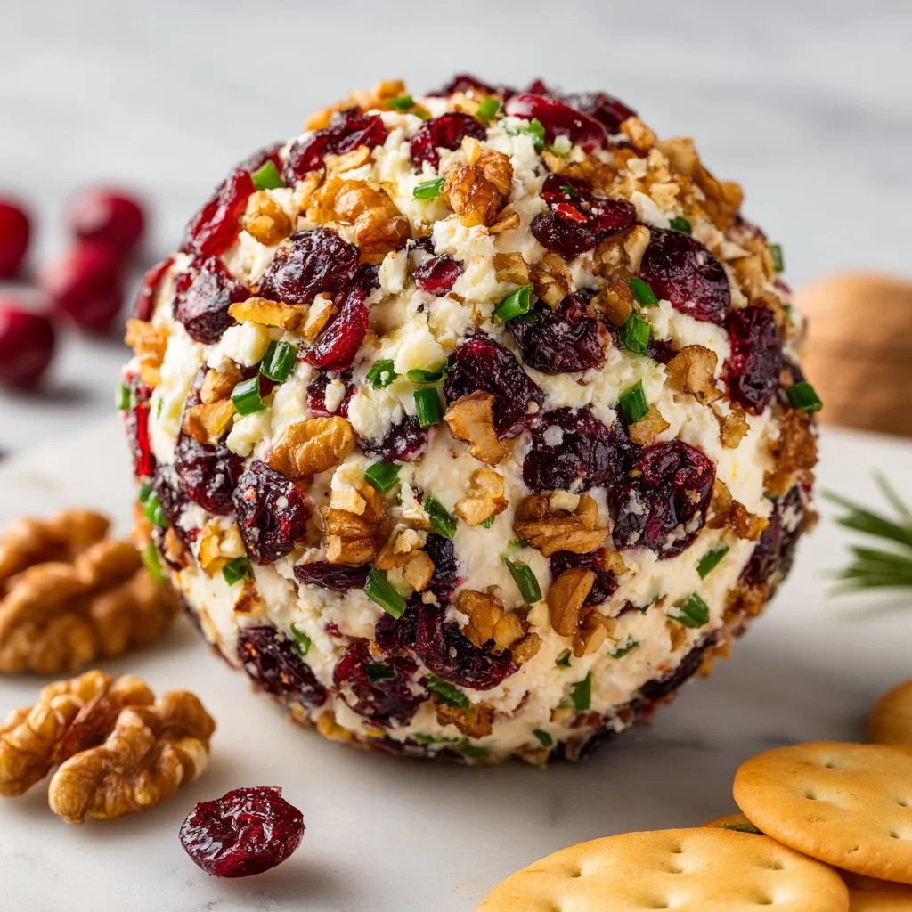 Cranberry pecan cheese ball served on a wooden platter with crackers.