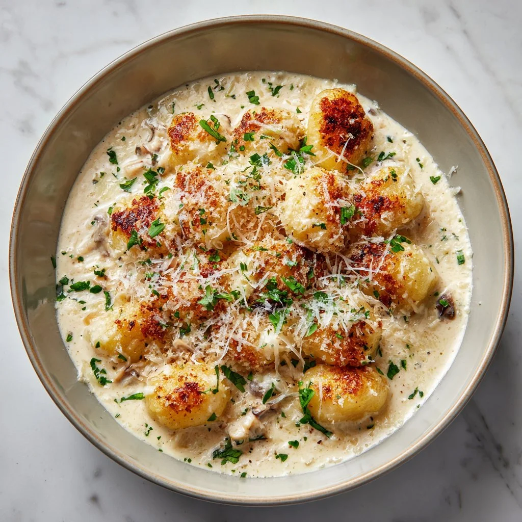 Bowl of creamy crack chicken gnocchi garnished with herbs
