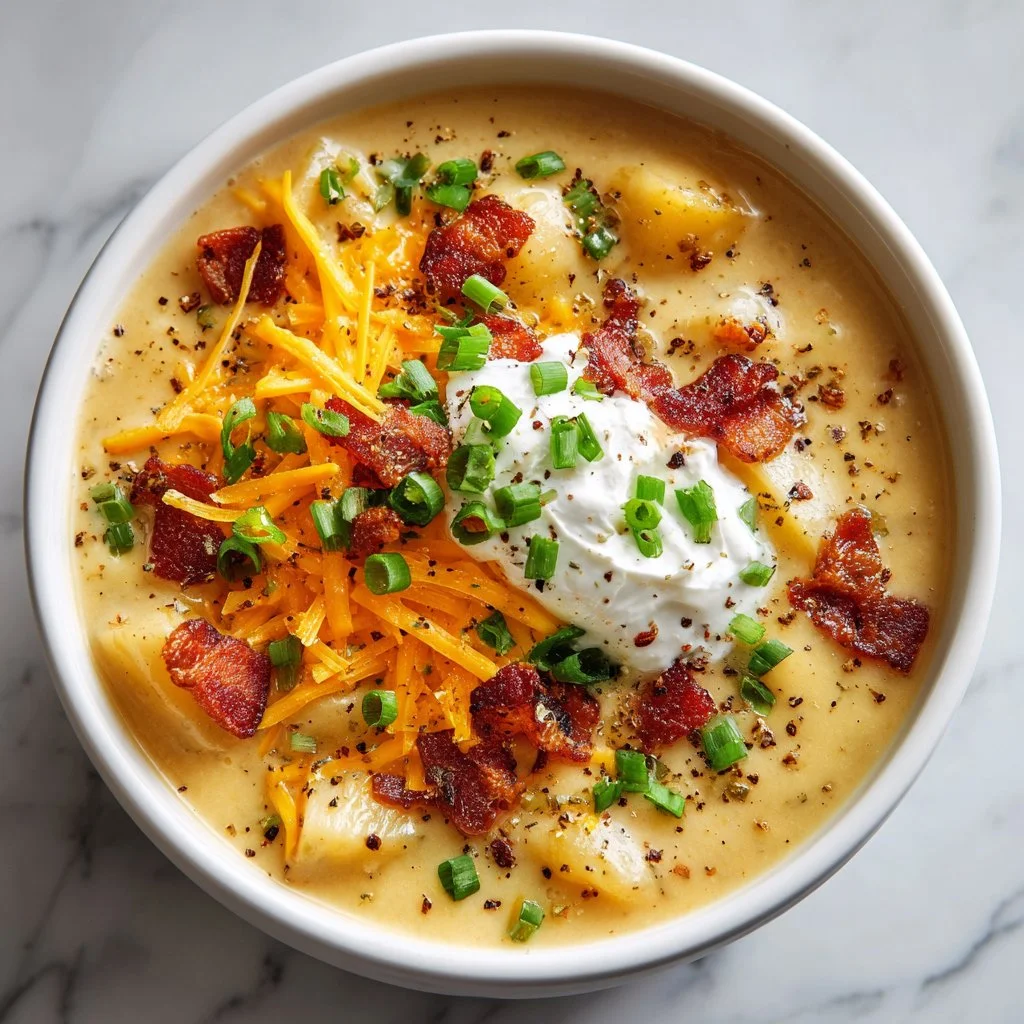 Bowl of creamy potato soup garnished with chives and served with bread