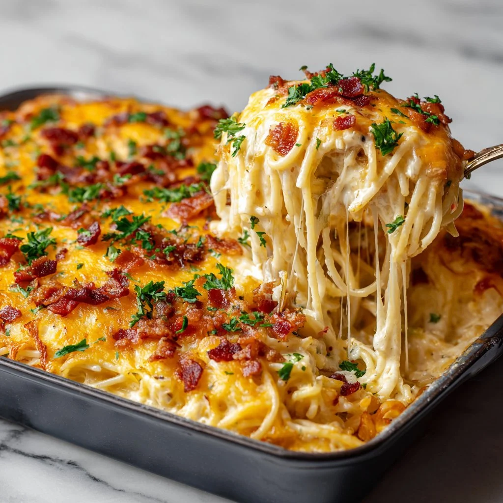 Creamy Southern spaghetti bake dish served in a casserole dish