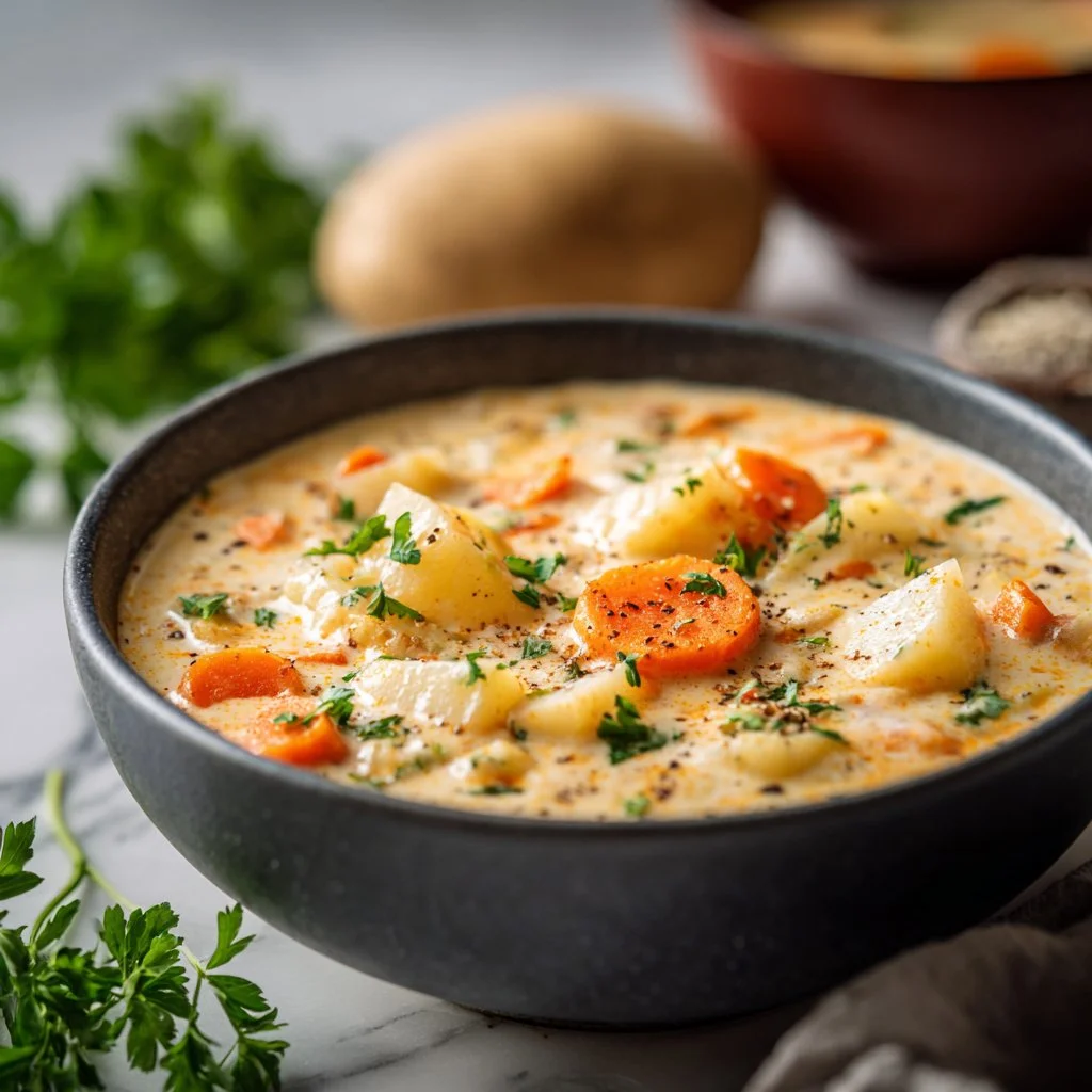 Bowl of creamy vegan carrot potato soup garnished with fresh herbs