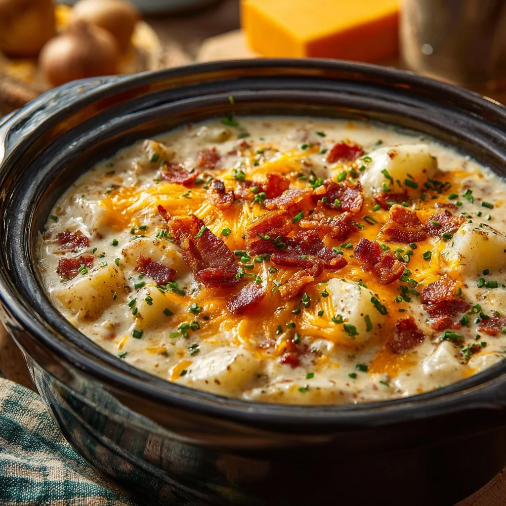 Crock Pot Crack Potato Soup in a bowl topped with green onions
