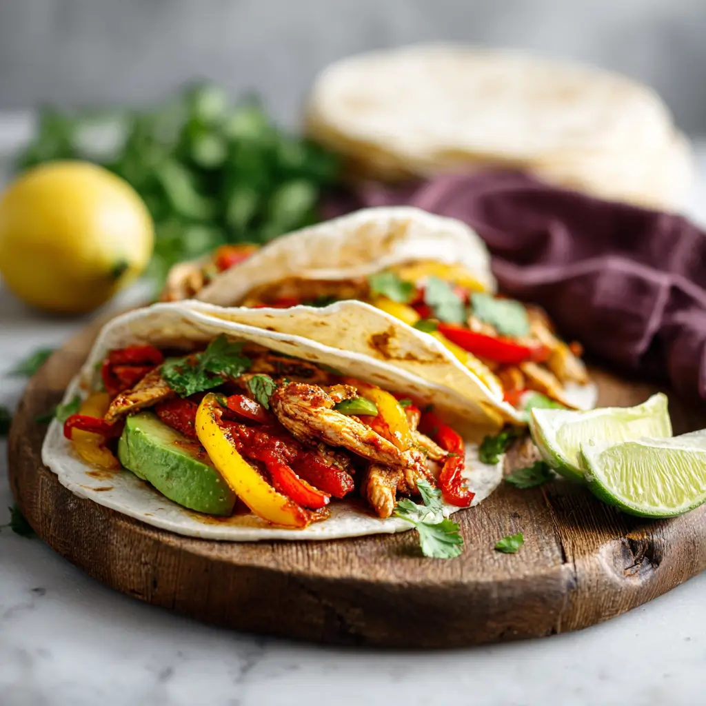 Crockpot Chicken Fajitas served with colorful peppers, onions, and tortillas on a plate.