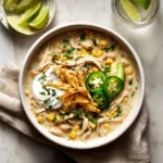 A bowl of Crockpot Creamy White Chicken Chili topped with cilantro, avocado slices, and tortilla strips.