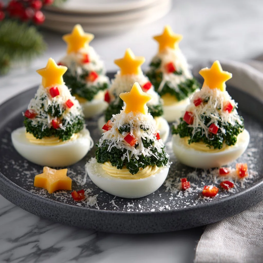 Festive deviled egg Christmas trees arranged on a platter.