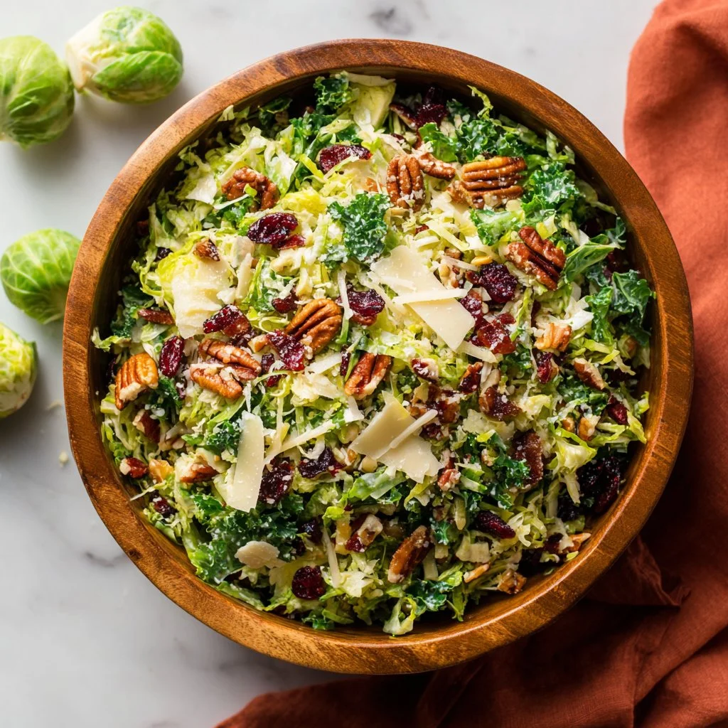 Delicious Brussels sprout salad with kale and sharp cheddar cheese