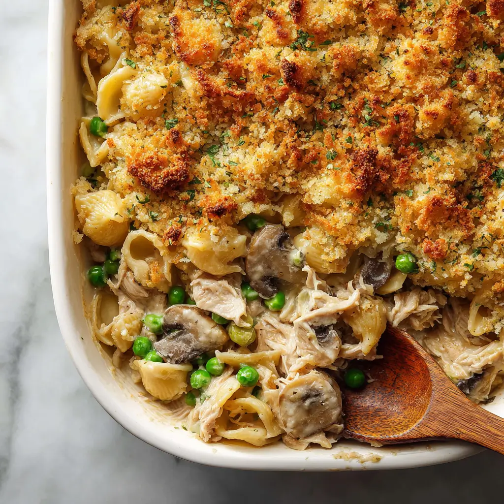 Mixing tuna, pasta, and sauce for healthy tuna noodle casserole in a skillet