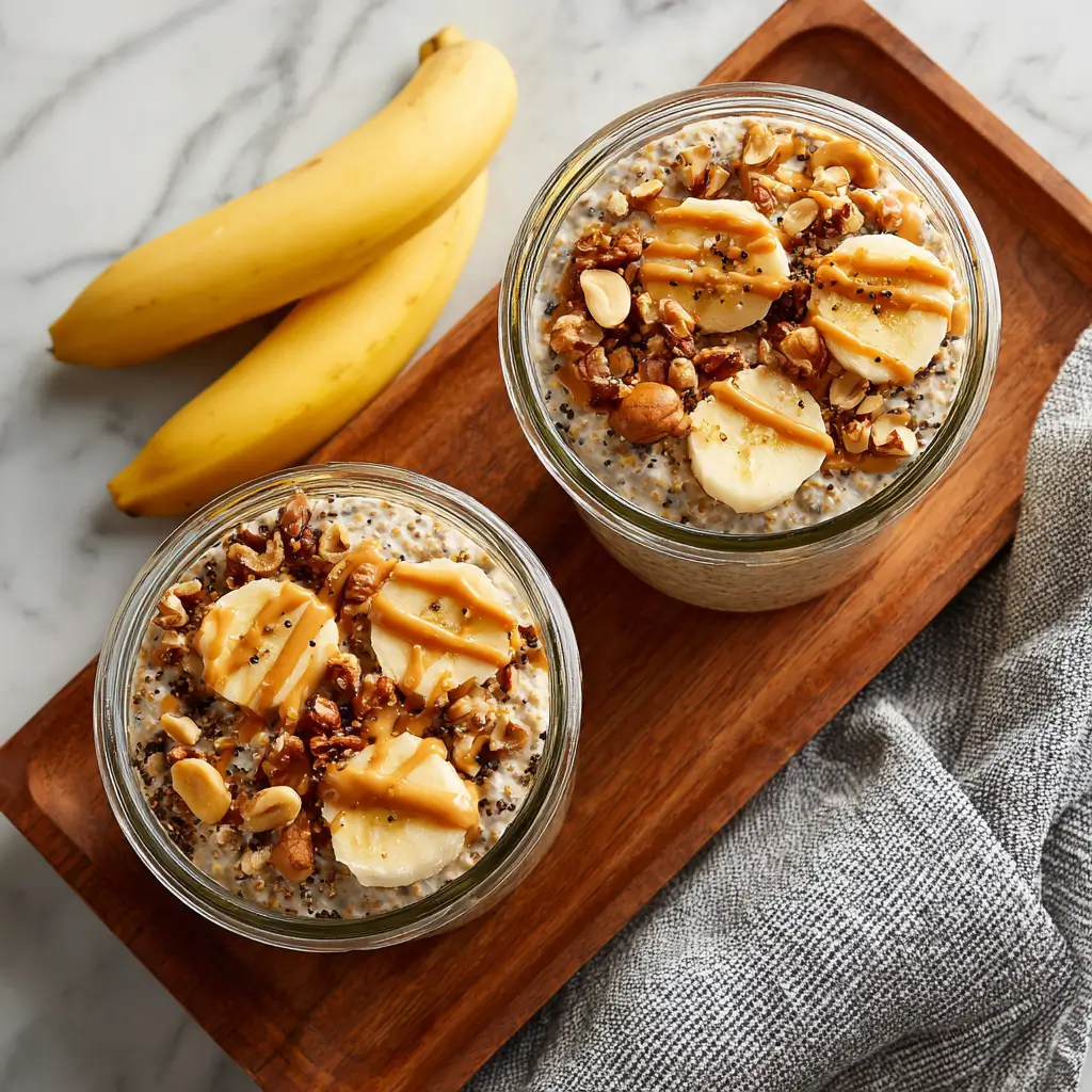 Ingredients for Peanut Butter Banana Overnight Oats including oats, banana, milk, and peanut butter