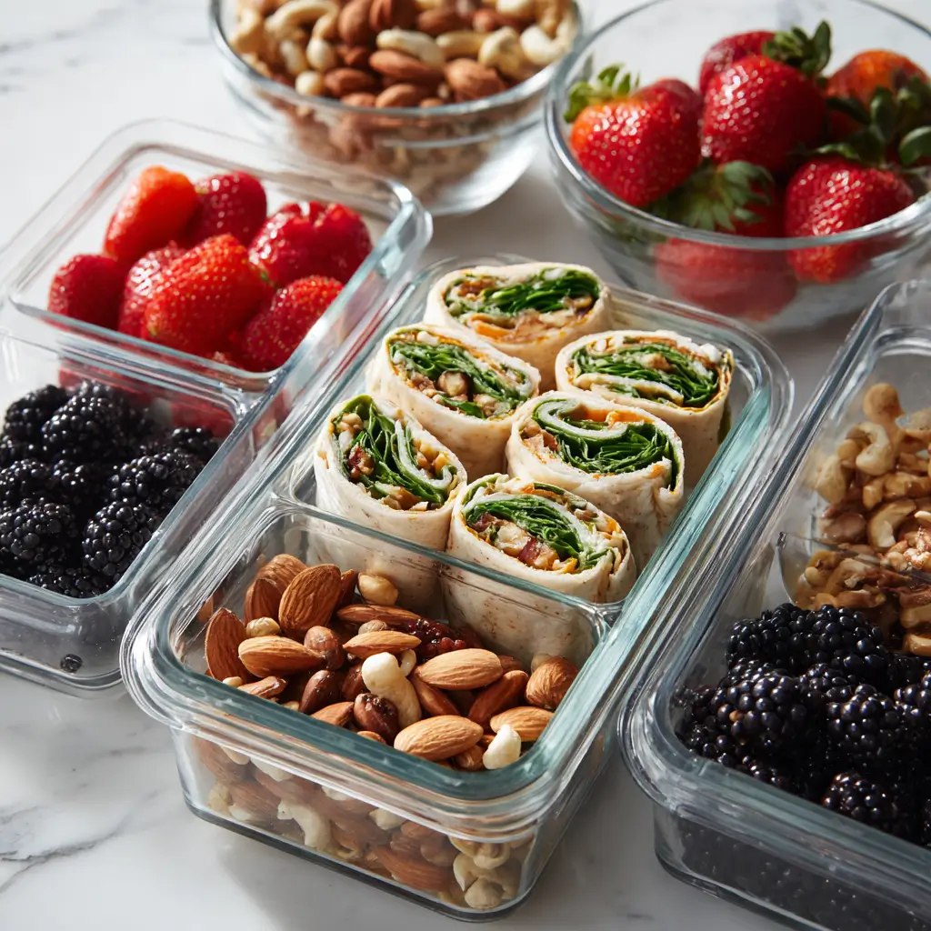 Easy Turkey Pinwheels Meal Prep in container with fresh greens