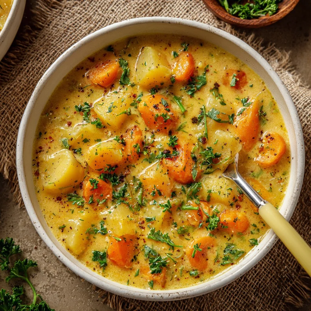 Bowl of delicious German Potato Soup garnished with herbs