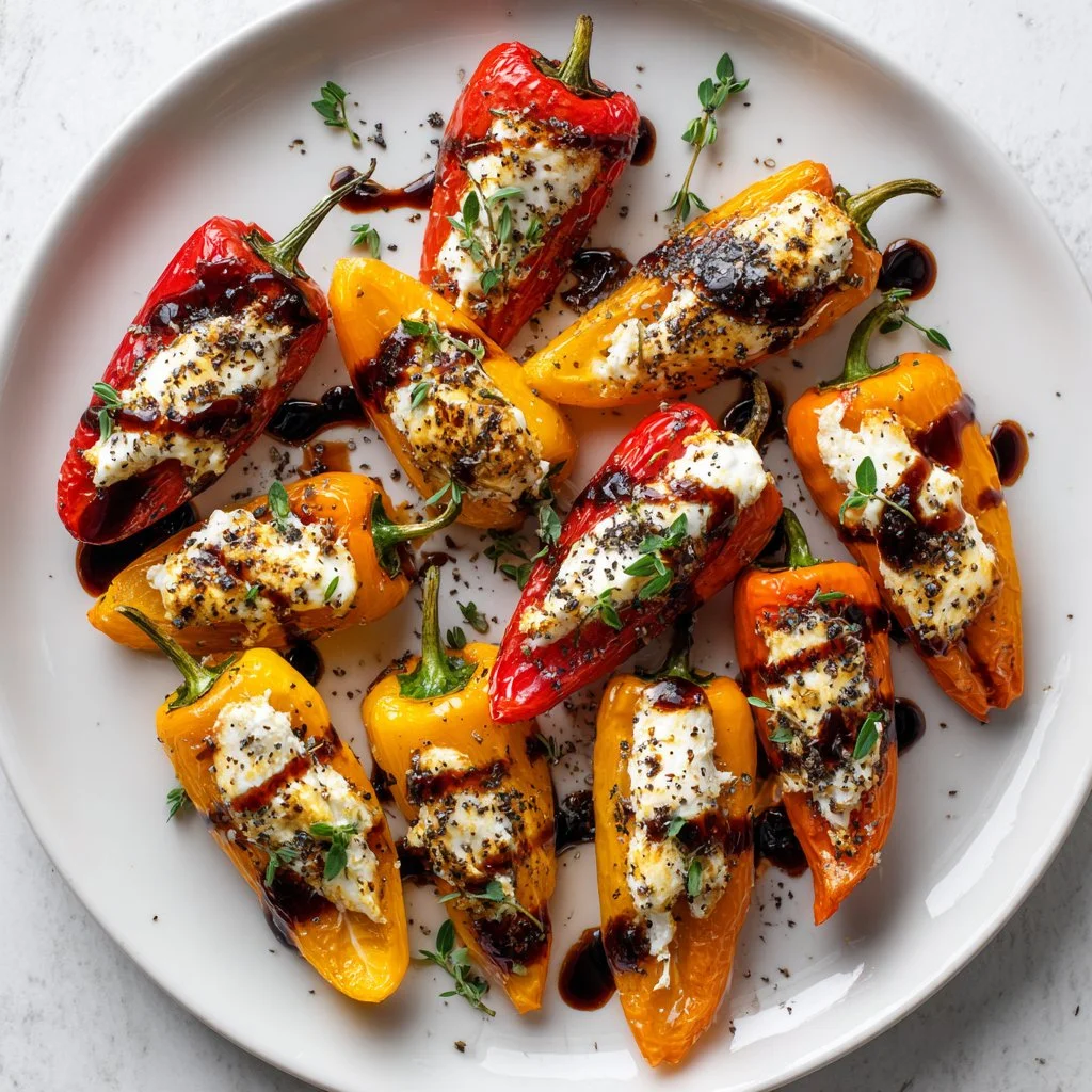 Delicious goat cheese stuffed mini peppers served as an easy appetizer.