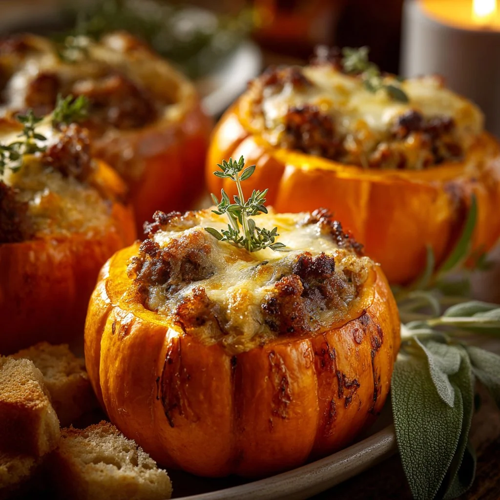 Ground turkey and brown butter sage stuffed mini pumpkins displayed on a table.
