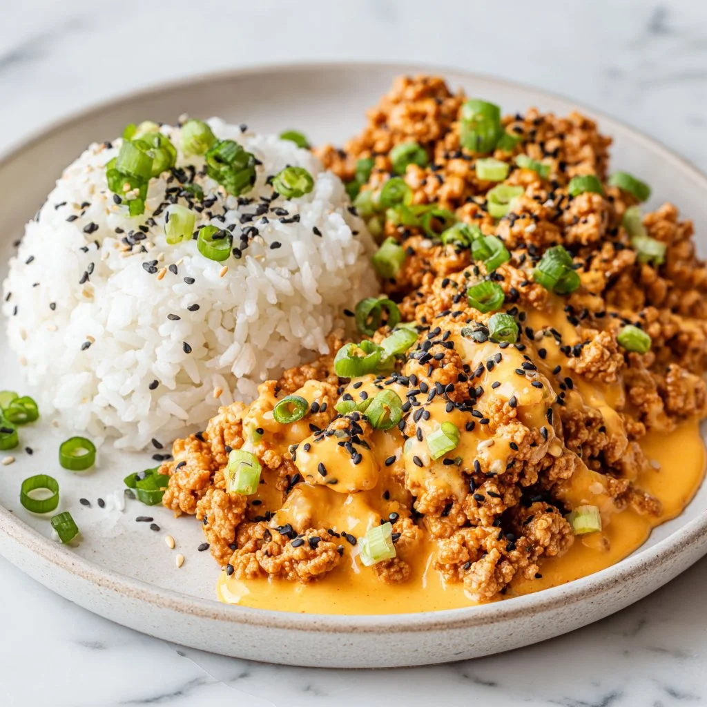 Ground Turkey Rice Bowls with spicy Bang Bang Sauce garnished with vegetables