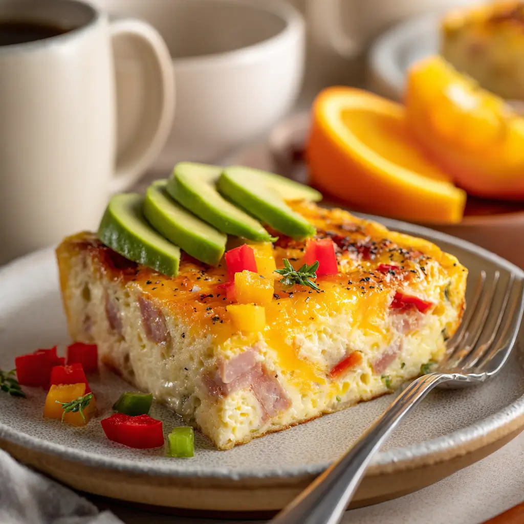 Served portion of Ham and Cheese Breakfast Casserole on a plate